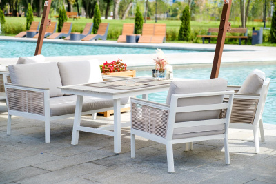 "Сан Ремо" диван 2-местный плетеный из роупа, каркас алюминий белый, роуп бежевый, ткань бежевая