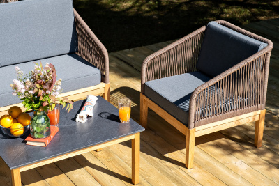 "Канны" лаунж-зона 4-местная из роупа со столиком "Канны" (серый гранит), основание дуб, роуп коричневый